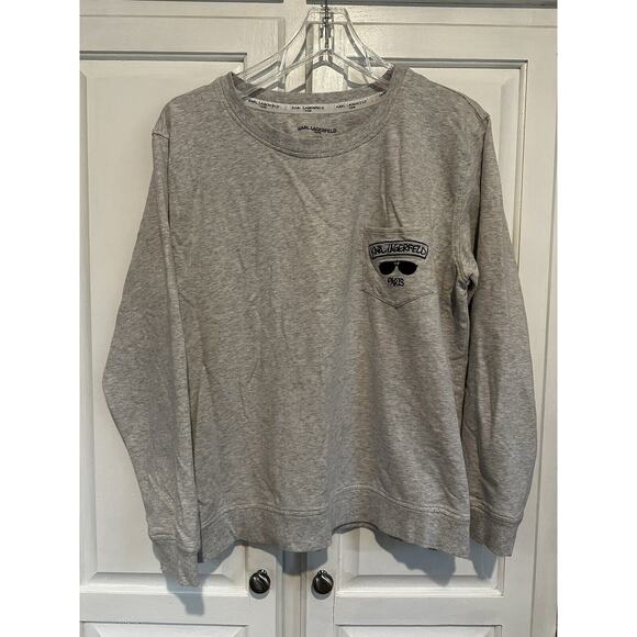 Karl Lagerfeld Paris Women’s Size Large Heather Gray Sweatshirt Pocket Preppy - Picture 1 of 9